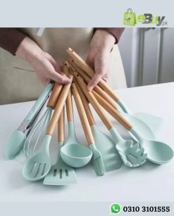 12 Pcs Silicone Cooking Utensil Set Non-Stick Heat Resistant Cookware Spoon Set With Wooden Handle and Holder Online At Best Price In Pakistan