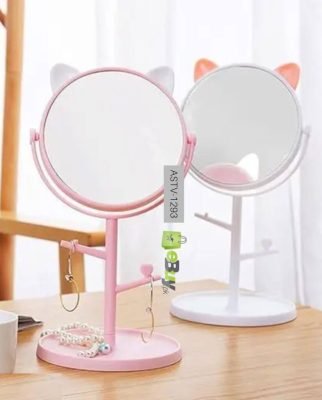 Cute Cat Ears Rotating Desk Mirror with Cosmetic Tray In Pakistan
